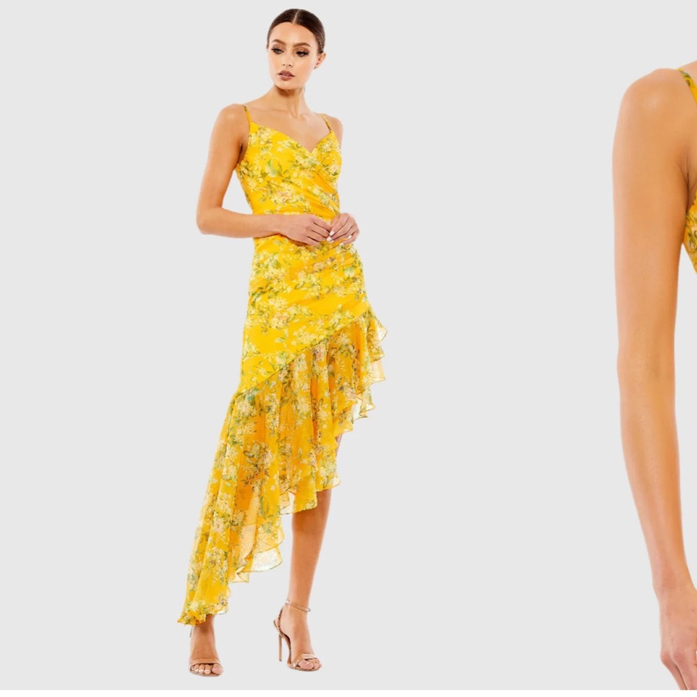 IEENA FOR MAC DUGGAL Floral Ruffle Asymmetrical Hi Low Hem Dress